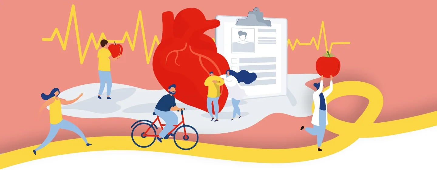 Ilustracija ljudi koji vode brigu o zdravlju uz srce i EKG liniju